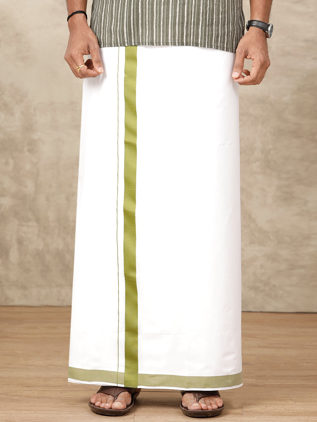 Men Green Fancy Border Double Layer White Dhoti RS04