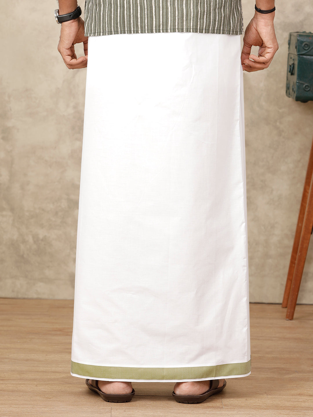 Men Green Fancy Border Double Layer White Dhoti RS04