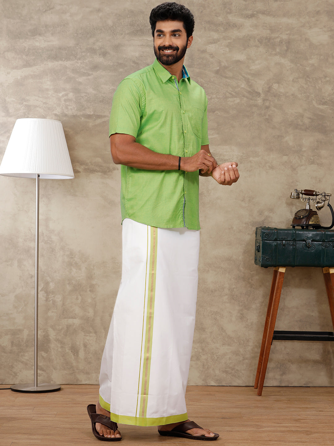 Men Matching Border Dhoti & Half Sleeves Shirt Parrot Green Set GL2