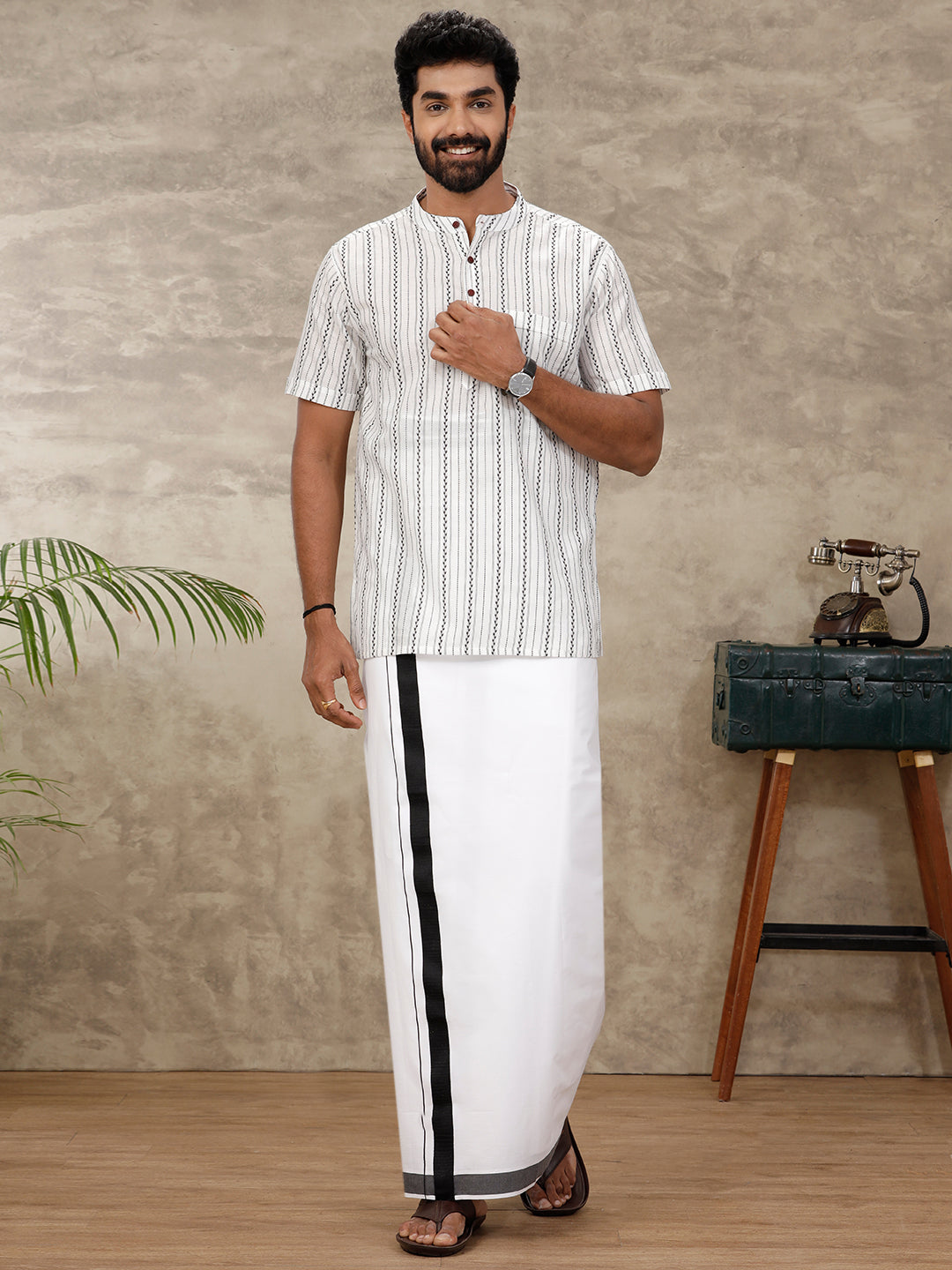 Men 100% Cotton Double Layer White Dhoti with Black Border WV01