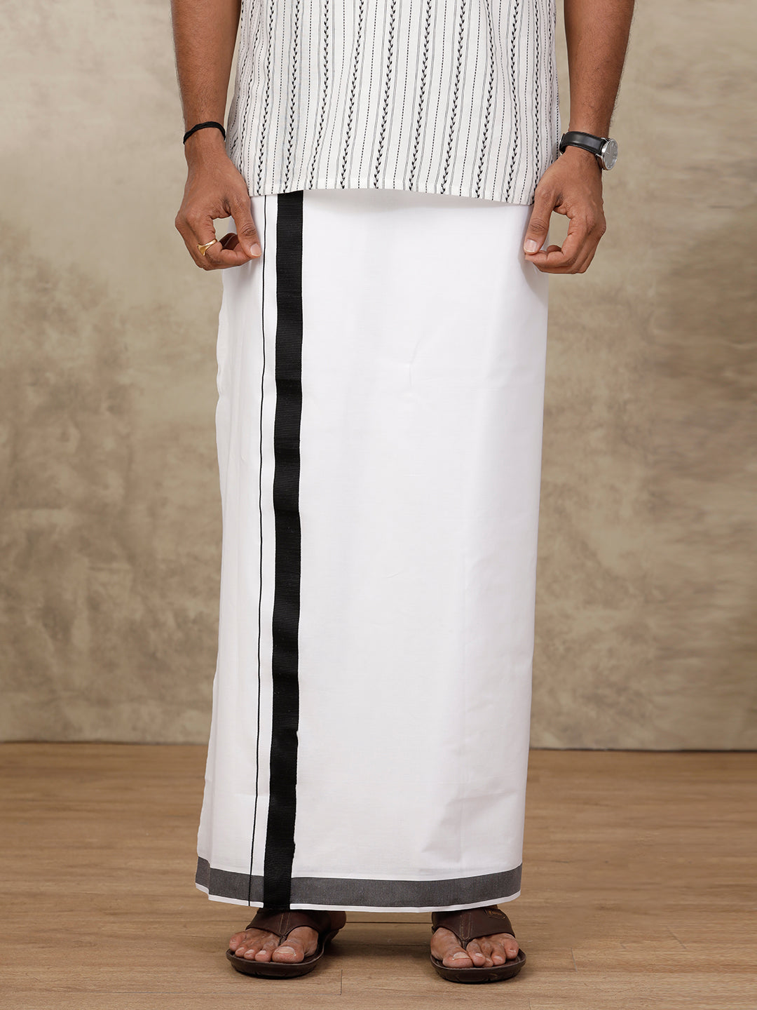 Men 100% Cotton Double Layer White Dhoti with Black Border WV01