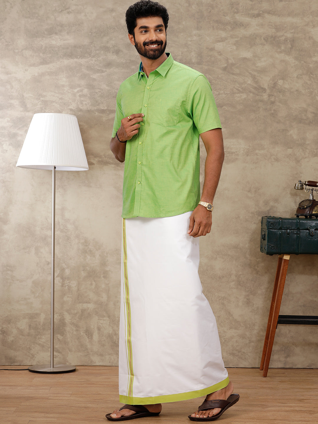 Men Matching Border Dhoti & Half Sleeves Shirt Parrot Green Set GL2