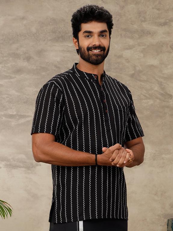 Mens Short Length Pocket Kurta Black PB28