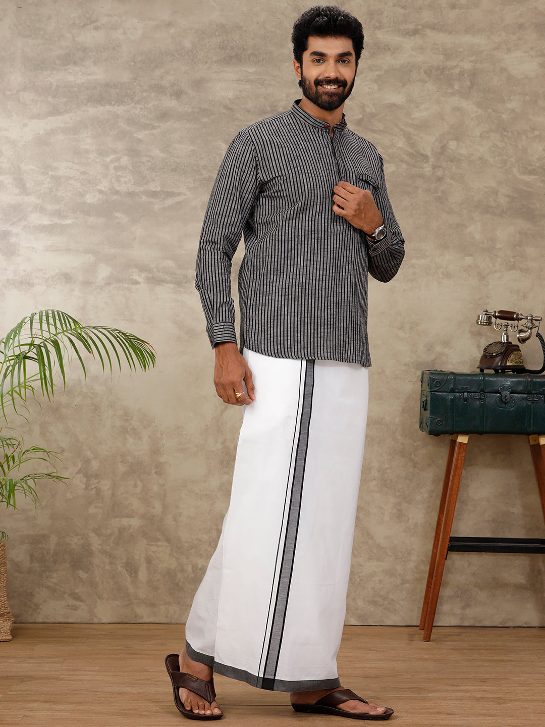 Men Cotton Blend Single Layer White Dhoti with Fancy Border PB11