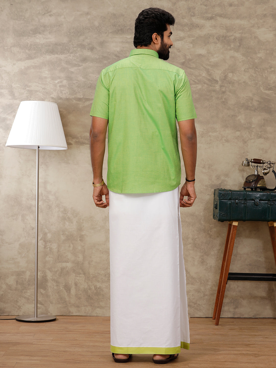 Men Matching Border Dhoti & Half Sleeves Shirt Parrot Green Set GL2