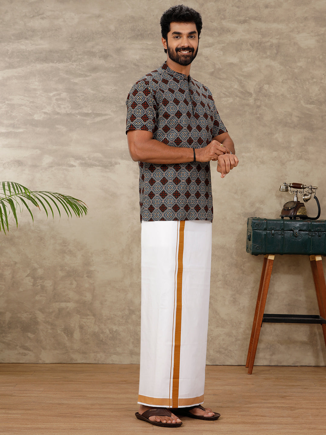Men Grey Short Length Kurta with Single Layer White Dhoti Set OC25