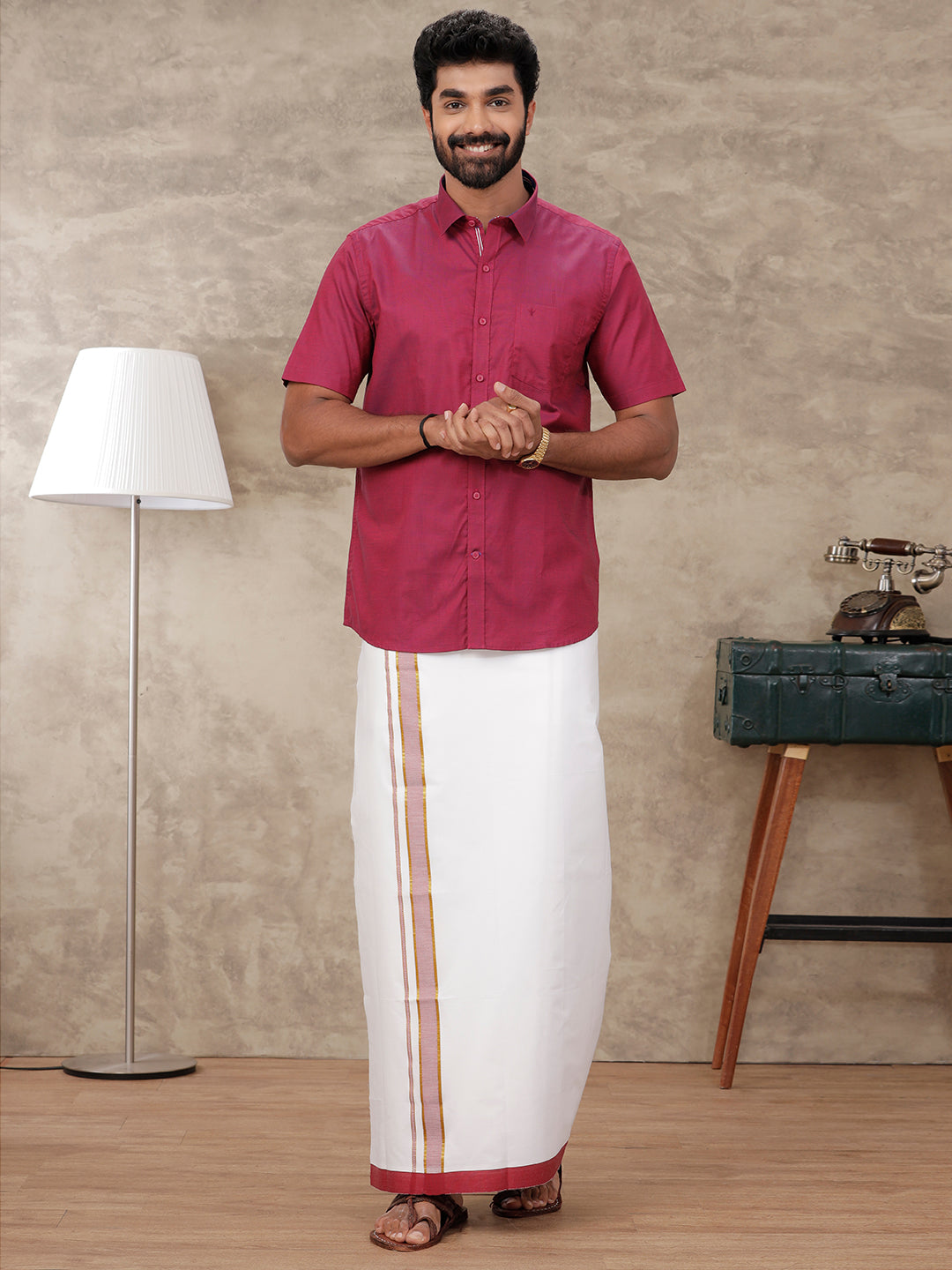 Mens Cotton Matching Border Dhoti & Half Sleeves Shirt Purple Set GL6