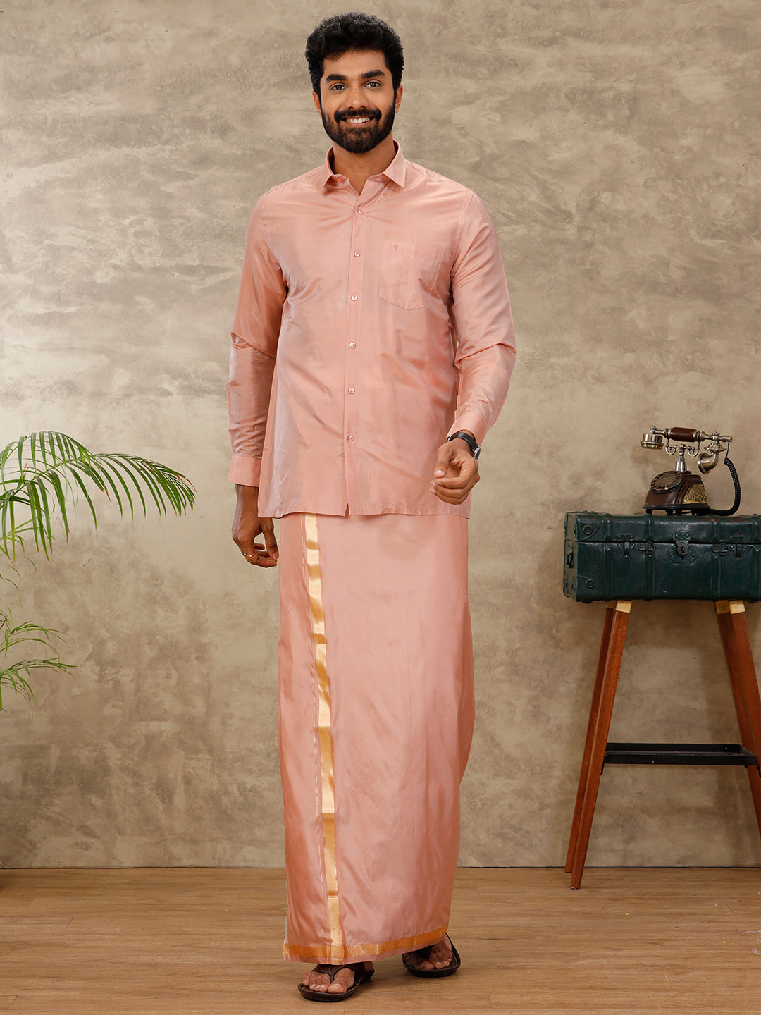 Mens Art Silk Copper Shirt & Dhoti Set Swayamvara