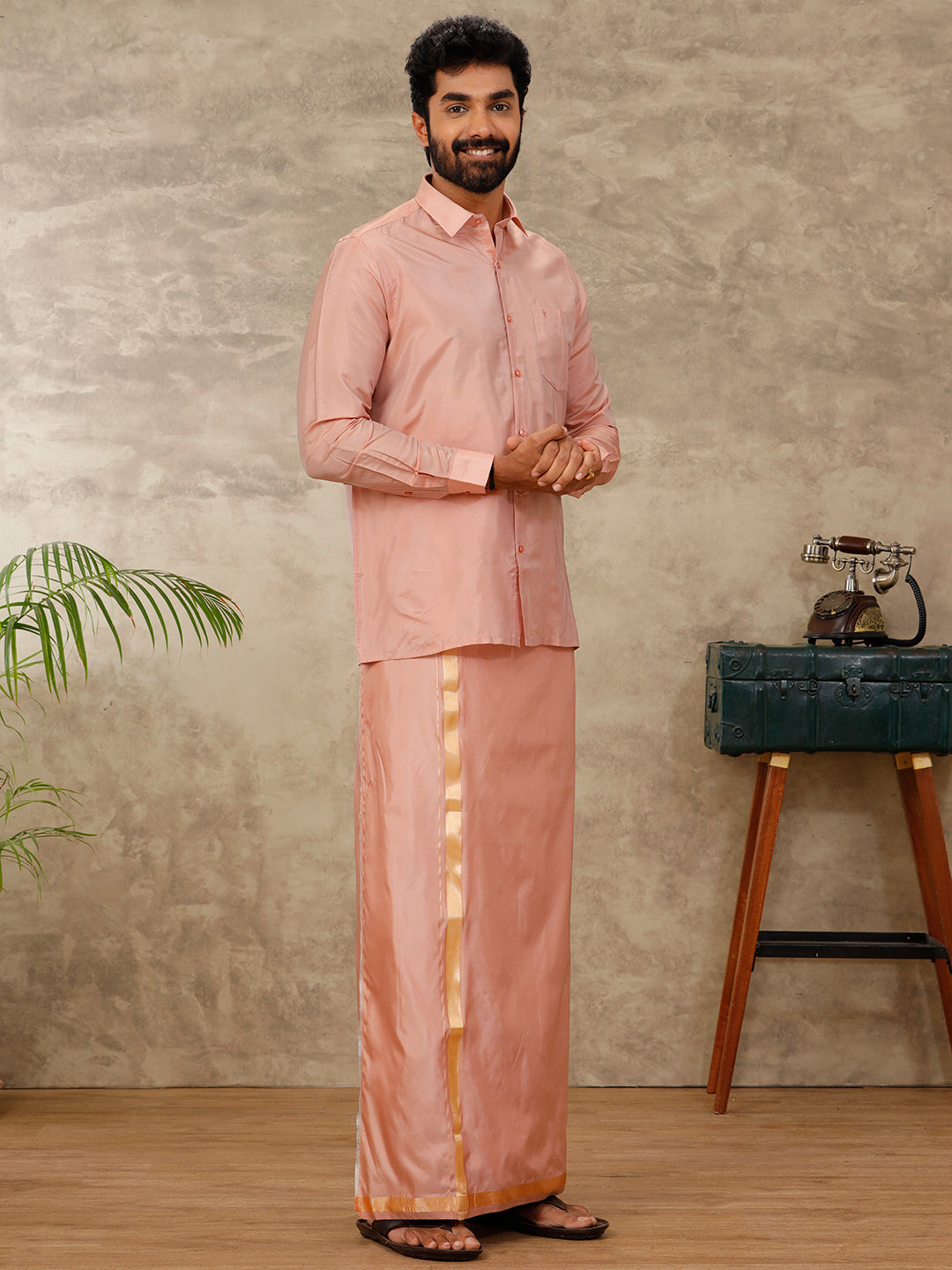 Couple Combo Shirt & Dhoti Set with Saree Copper Tone ASS98