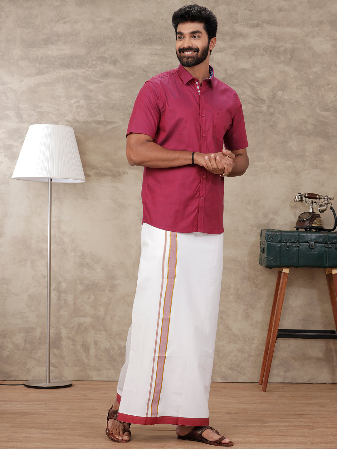 Mens Cotton Matching Border Dhoti & Half Sleeves Shirt Purple Set GL6