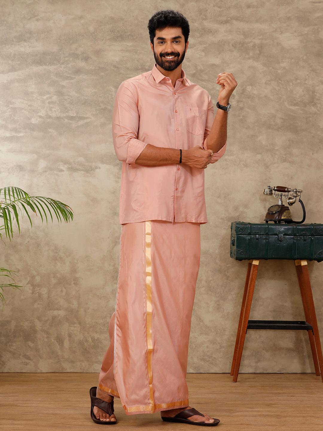 Men Art Silk Copper Tone Shirt & Dhoti Towel Set Swayamvara