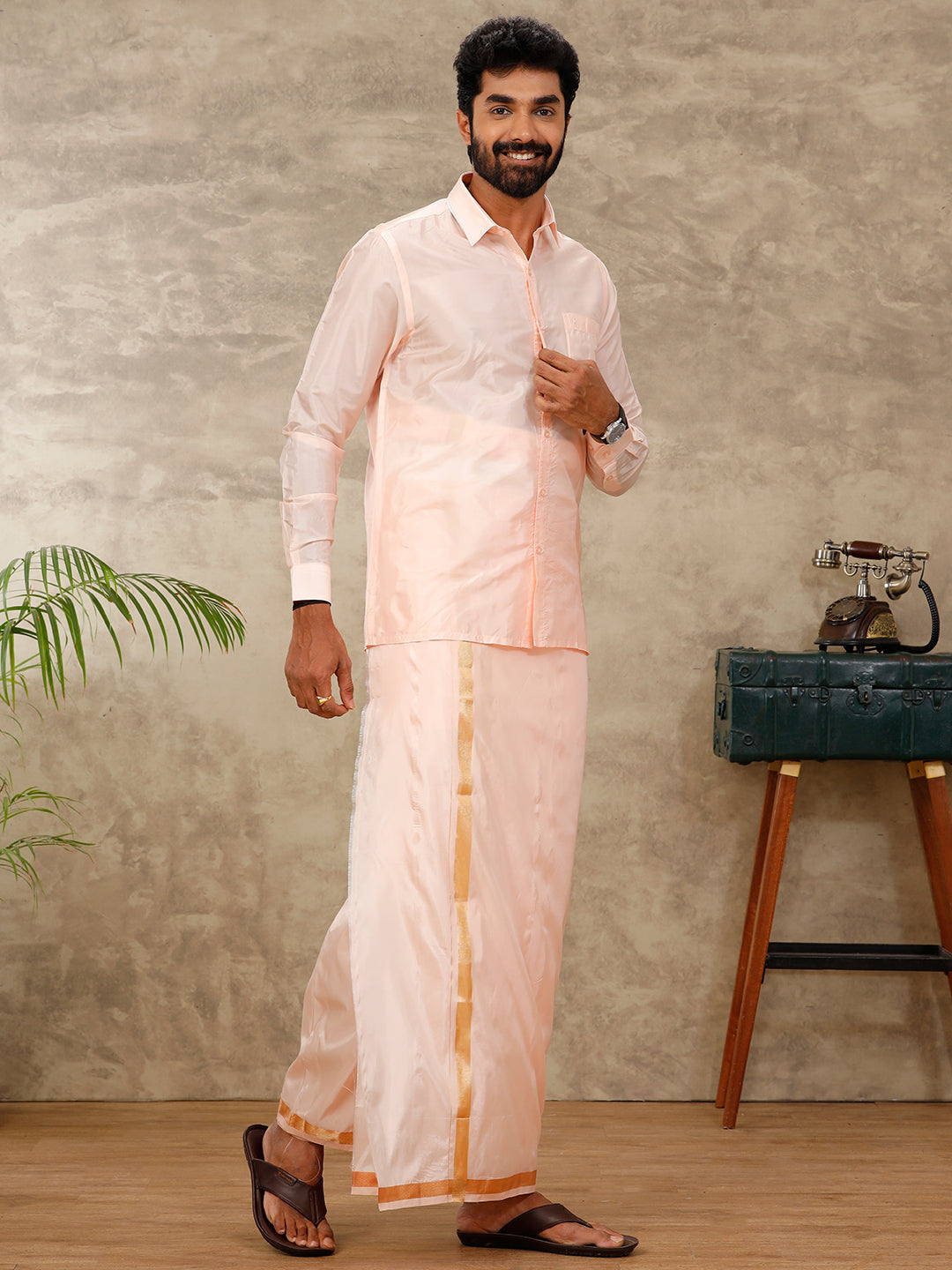 Mens Art Silk Coral Pink Shirt & Dhoti Set Swayamvara