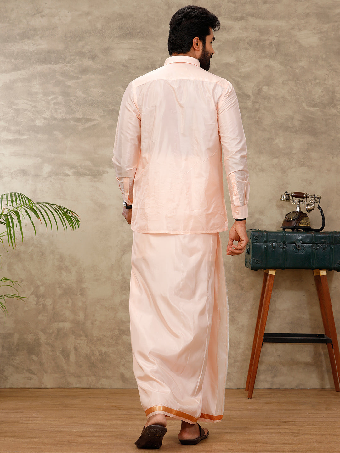 Men Art Silk Coral Pink Shirt & Dhoti Towel Set Swayamvara