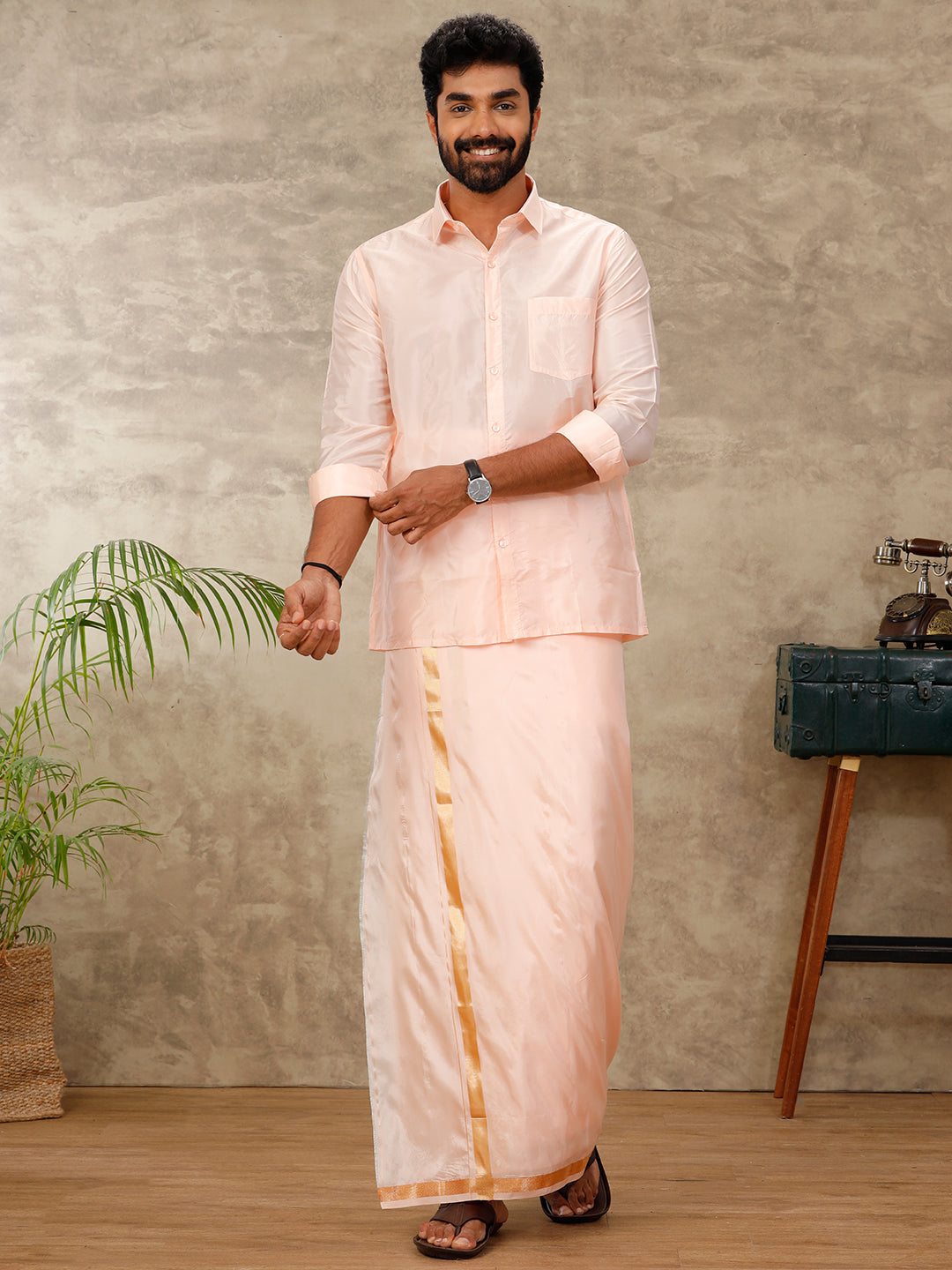 Mens Art Silk Coral Pink Shirt & Dhoti Set Swayamvara