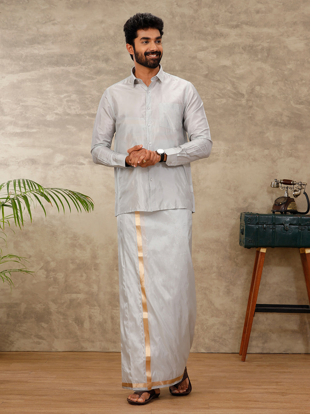 Men Art Silk Silver Grey Shirt & Dhoti Towel Set Swayamvara