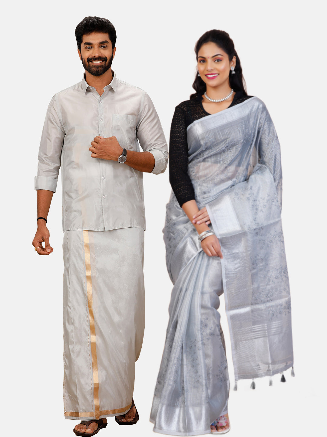 Couple Combo Art Silk Shirt & Dhoti Set With Semi Linen Saree SL119