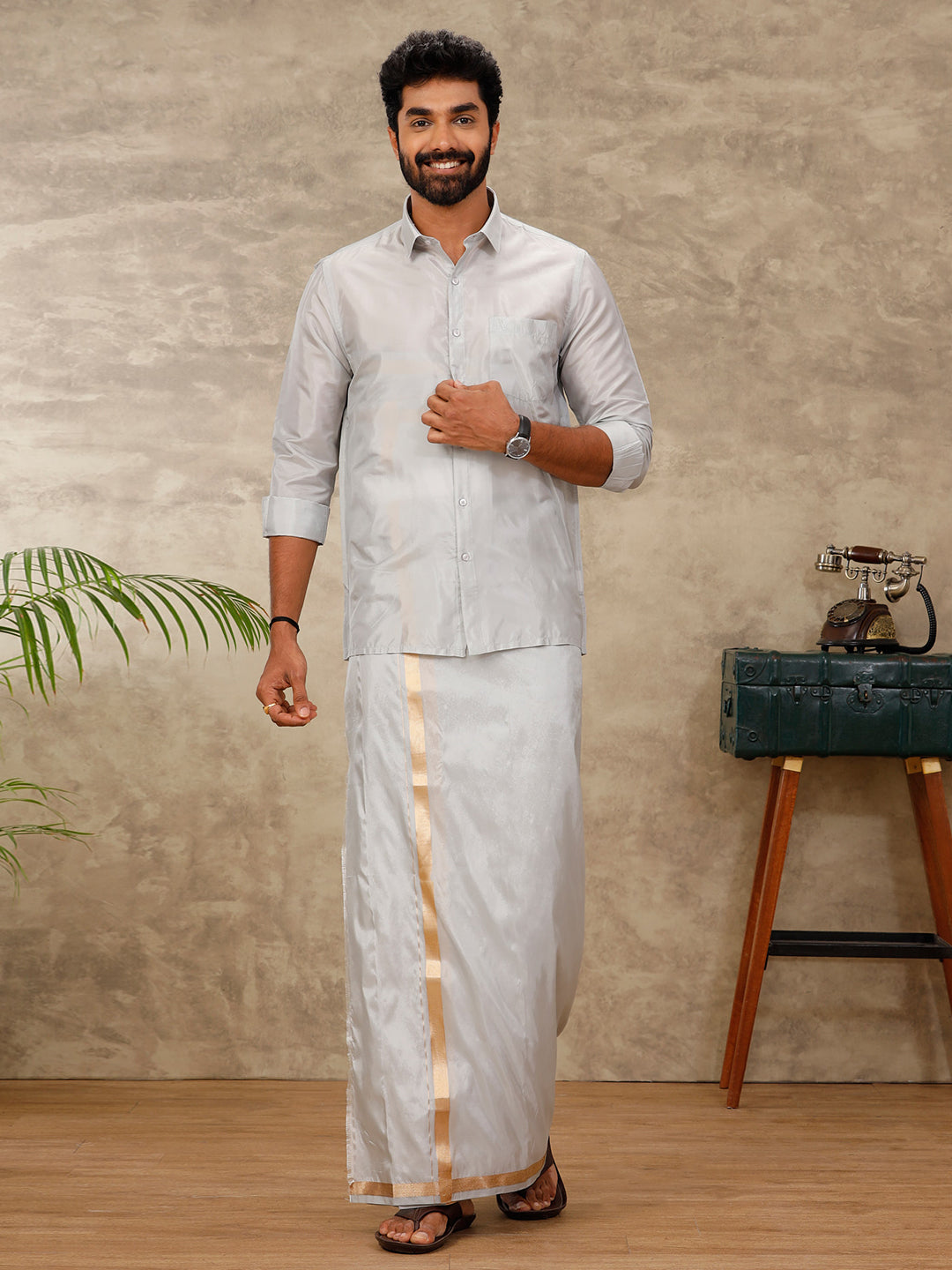 Mens Art Silk Silver Grey Shirt & Dhoti Towel Set Swayamvara