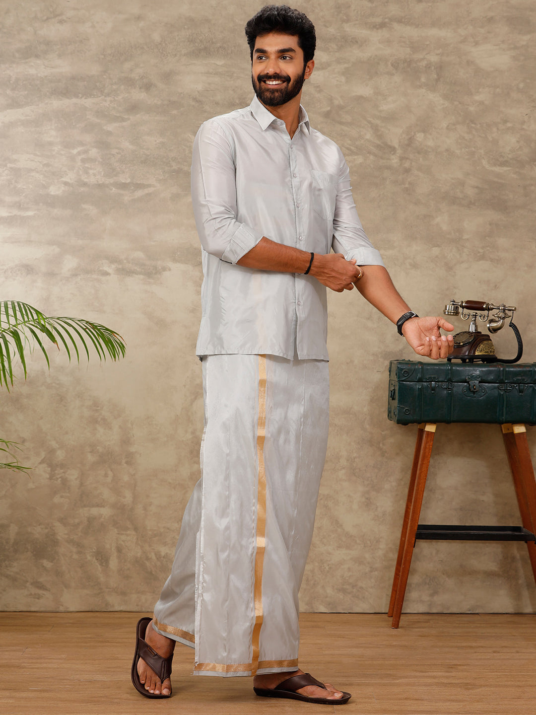 Mens Art Silk Silver Grey Shirt & Dhoti Towel Set Swayamvara