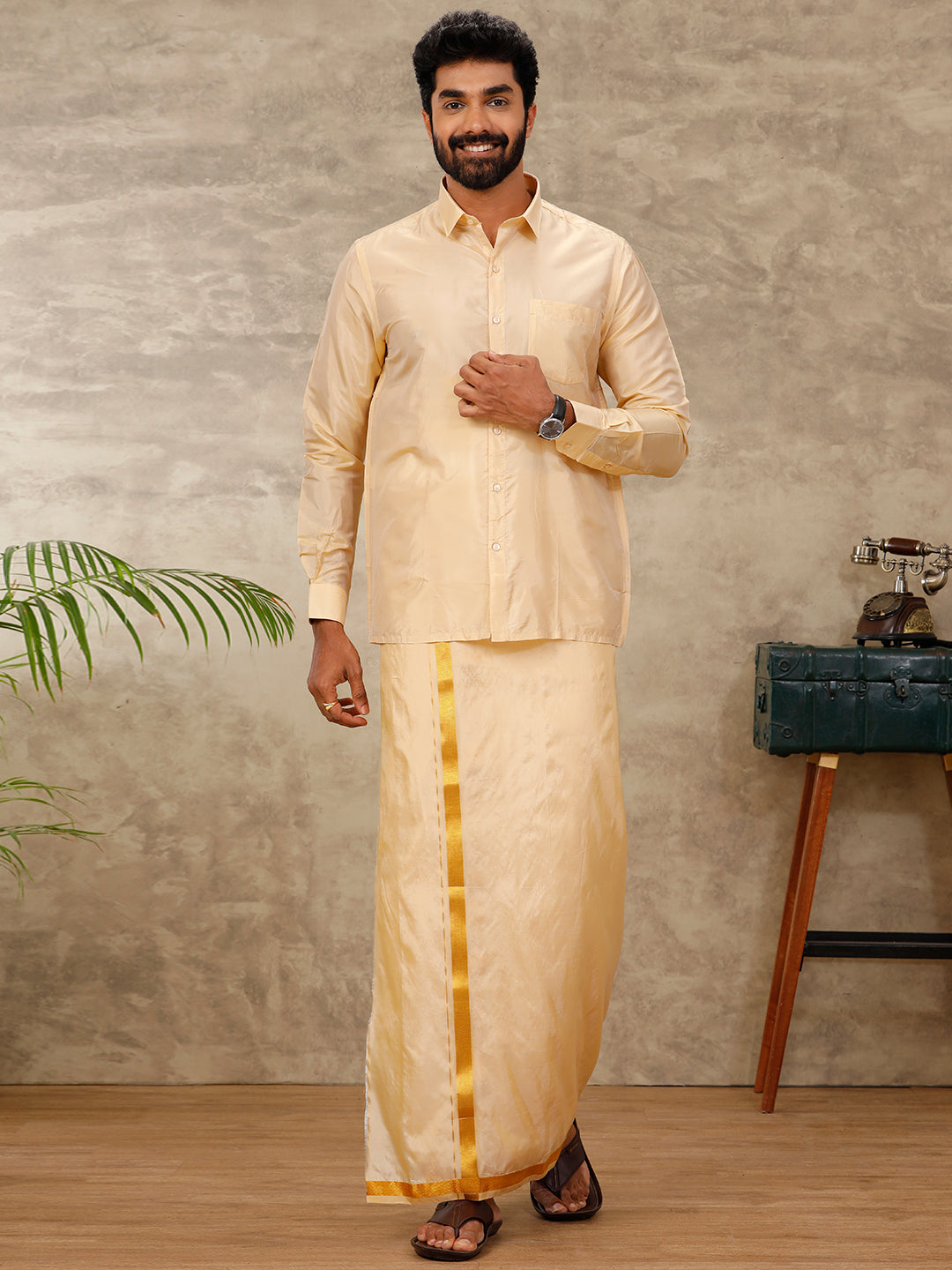 Mens Art Silk Peach Shirt & Dhoti Towel Set Swayamvara