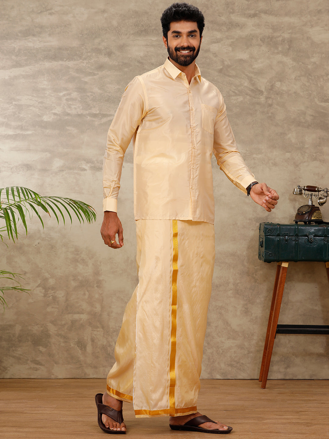 Mens Art Silk Peach Shirt & Dhoti Towel Set Swayamvara