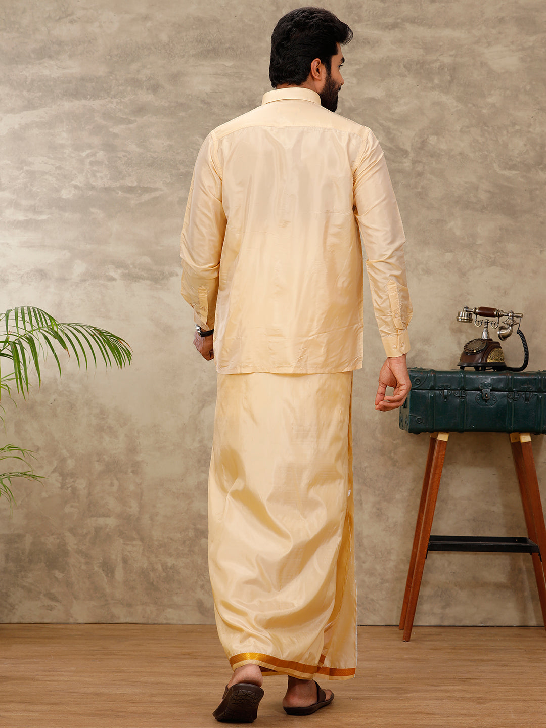 Mens Art Silk Peach Shirt & Dhoti Towel Set Swayamvara