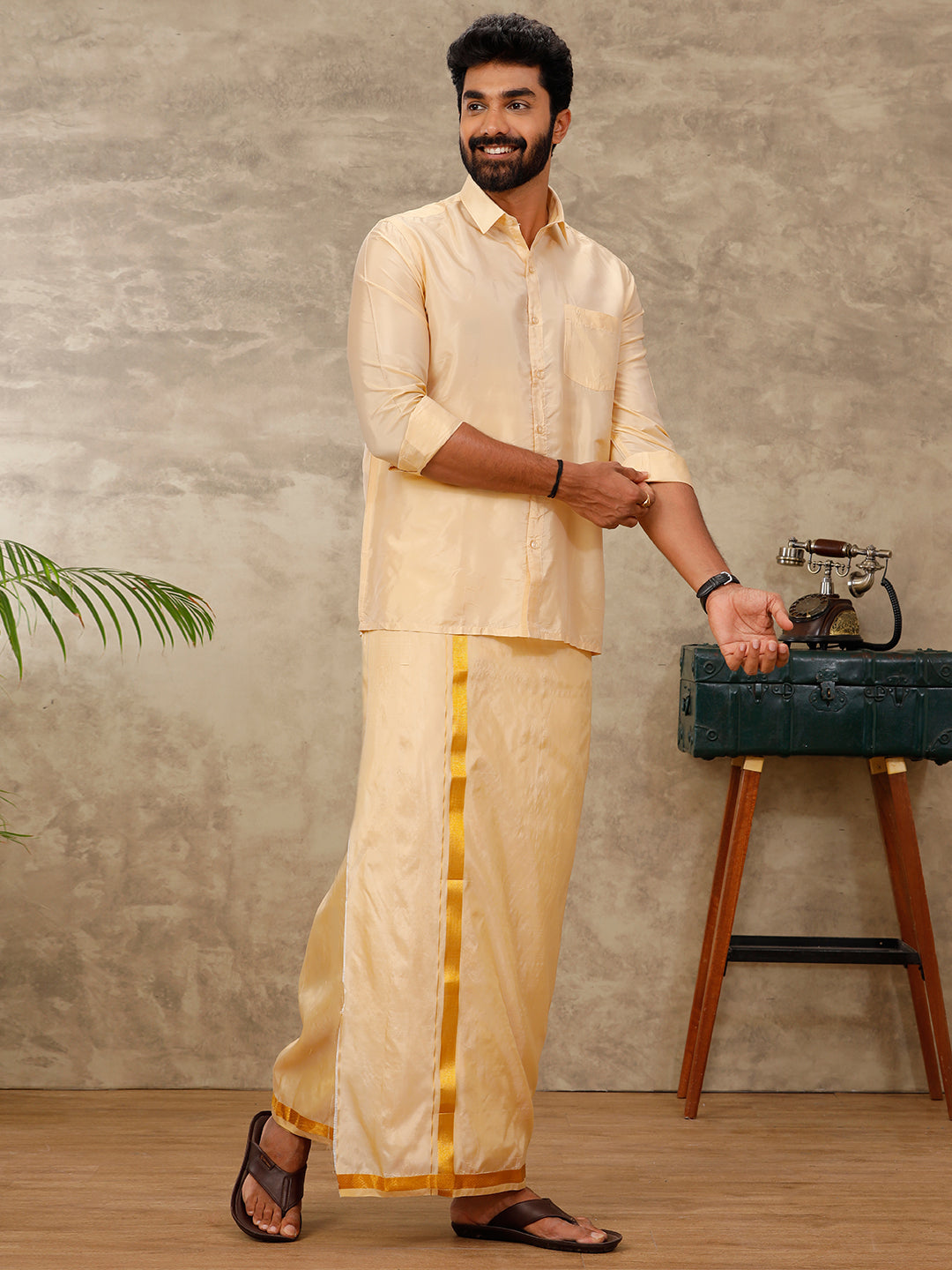 Mens Art Silk Peach Shirt & Dhoti Towel Set Swayamvara