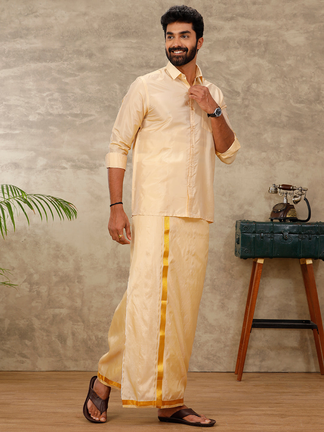 Men Art Silk Peach Shirt Dhoti & Towel Set Swayamvara