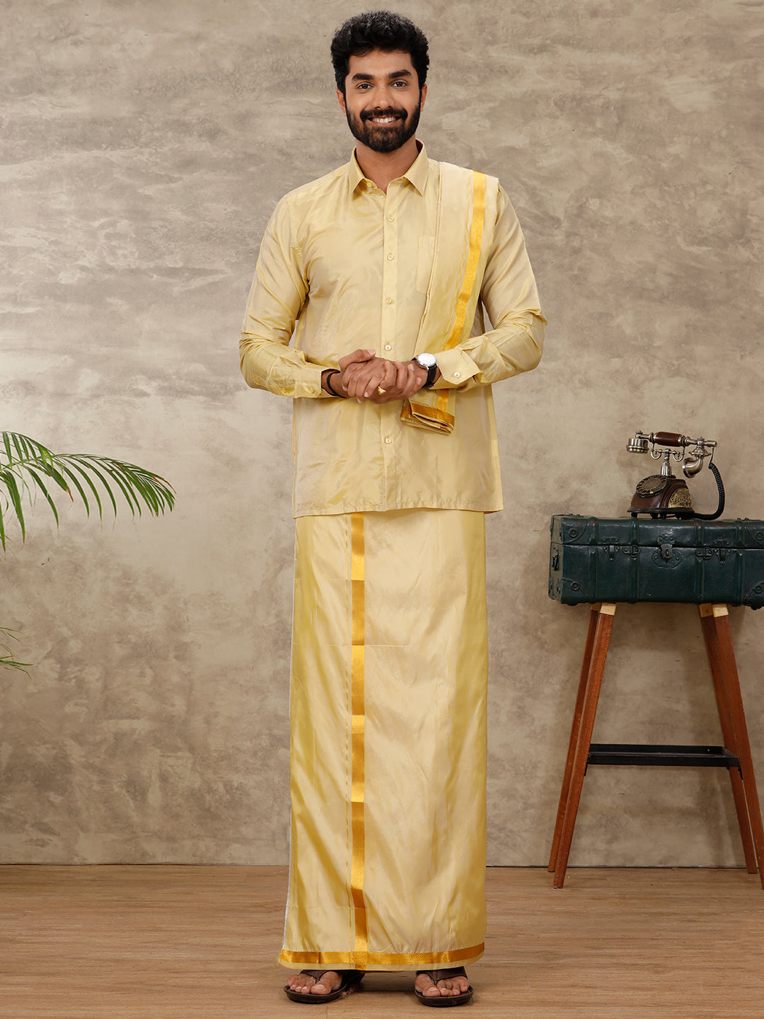 Mens Art Silk Gold Shirt & Dhoti Towel Set Swayamvara