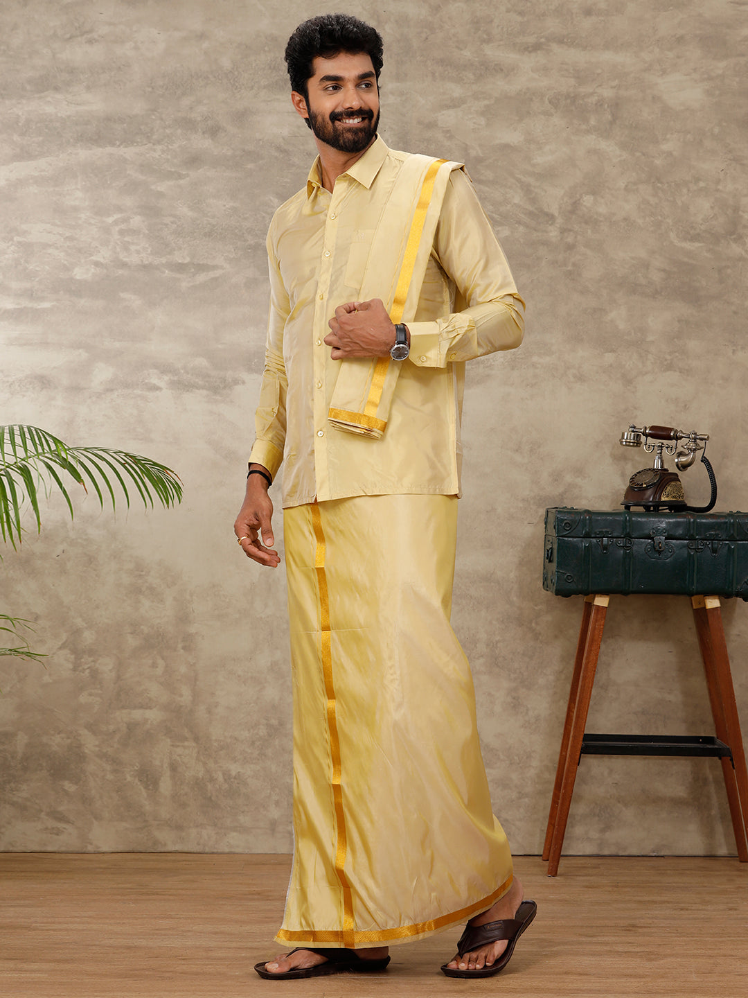 Mens Art Silk Gold Shirt & Dhoti Towel Set Swayamvara