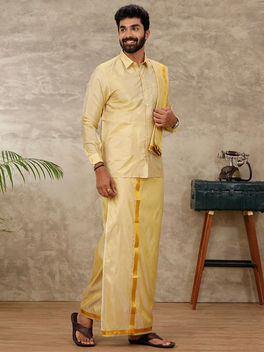 Mens Art Silk Gold Shirt & Dhoti Towel Set Swayamvara