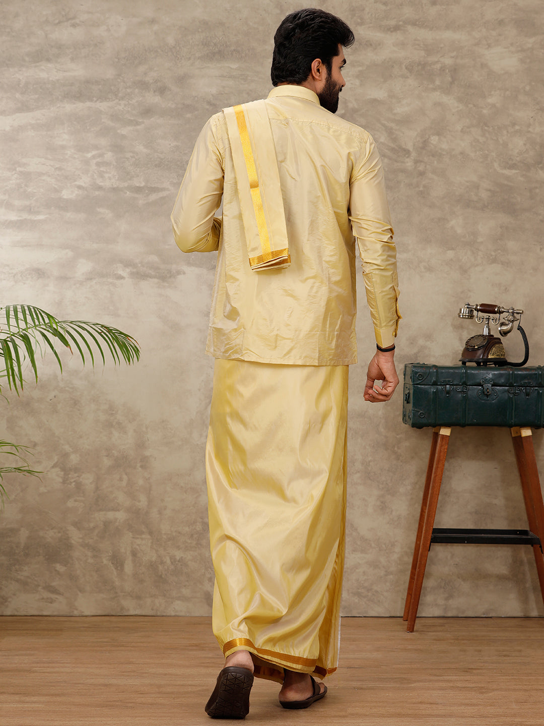 Men Art Silk Gold Shirt & Dhoti Towel Set Swayamvara