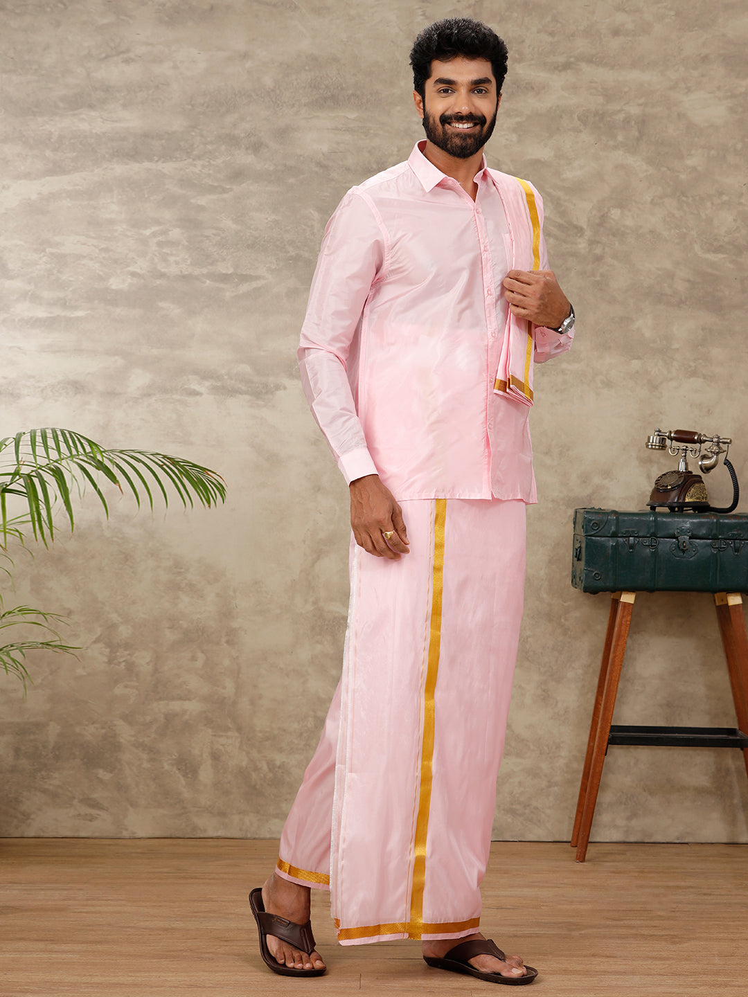 Mens Art Silk Pink Shirt & Dhoti Towel Set Swayamvara