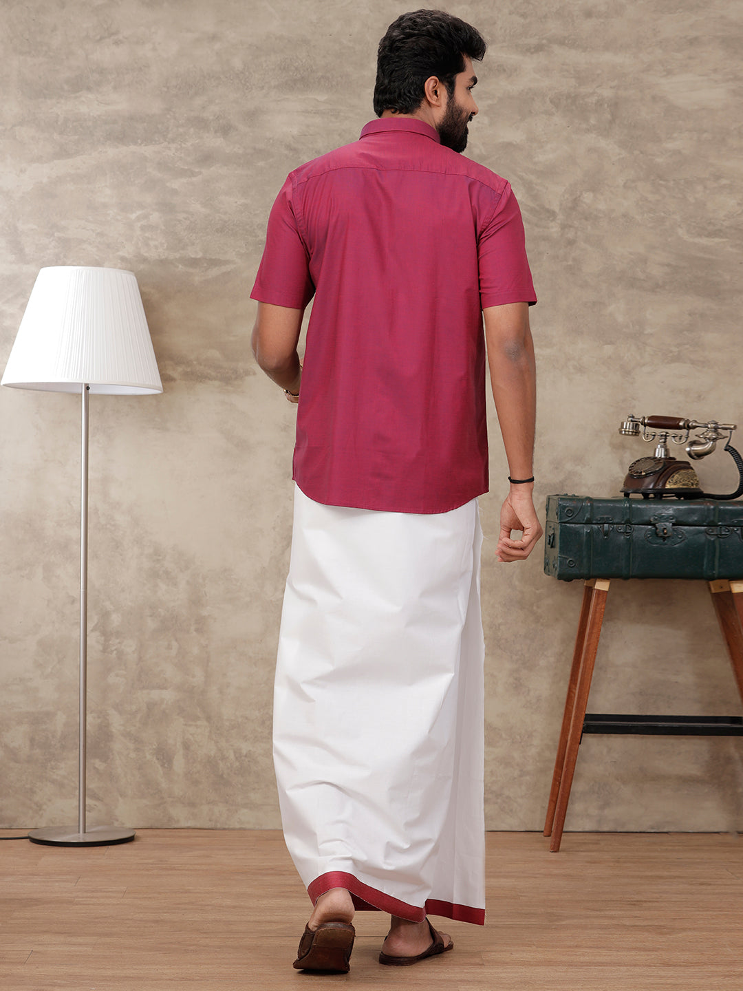 Mens Cotton Matching Border Dhoti & Half Sleeves Shirt Purple Set GL6