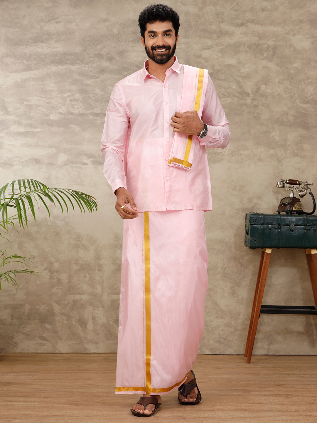 Mens Art Silk Pink Shirt & Dhoti Towel Set Swayamvara