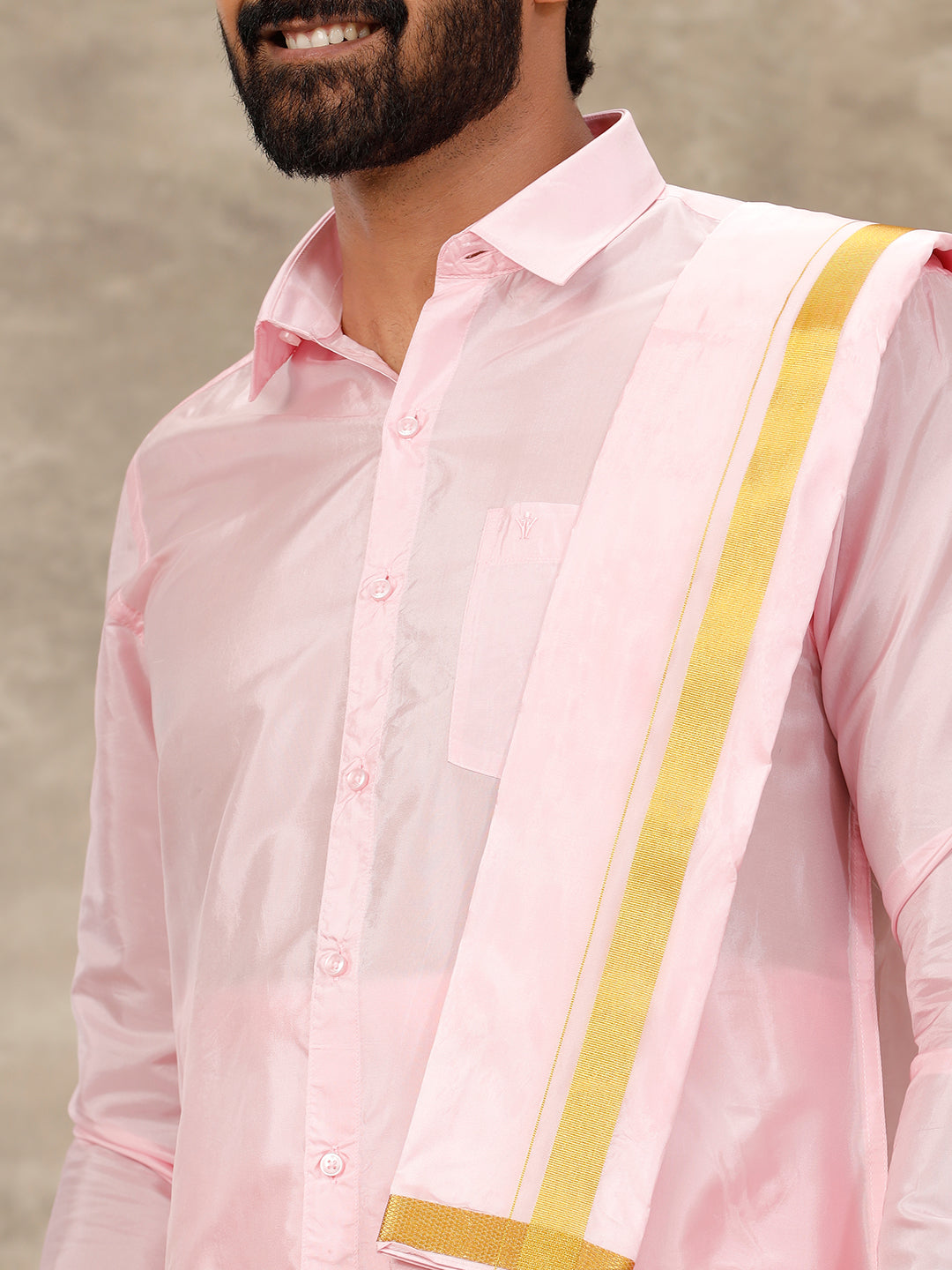 Mens Art Silk Pink Shirt & Dhoti Towel Set Swayamvara