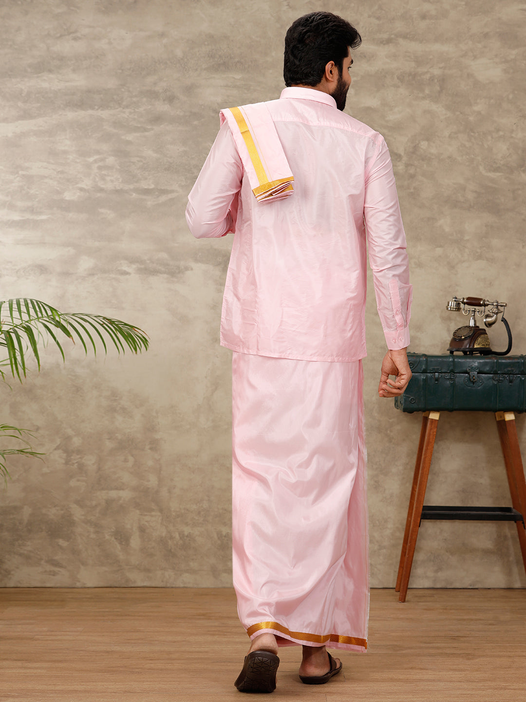 Mens Art Silk Pink Shirt & Dhoti Towel Set Swayamvara