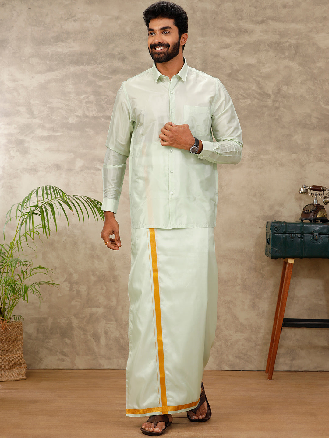 Mens Art Silk Green Shirt & Dhoti Towel Set Swayamvara