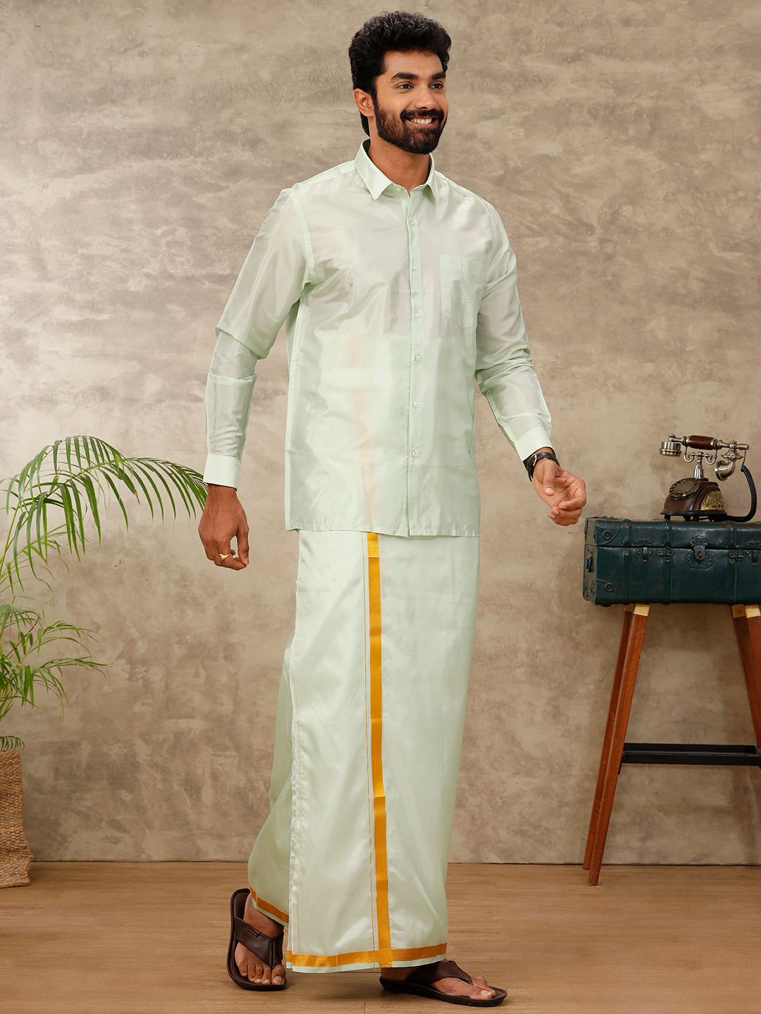 Mens Art Silk Green Shirt & Dhoti Towel Set Swayamvara