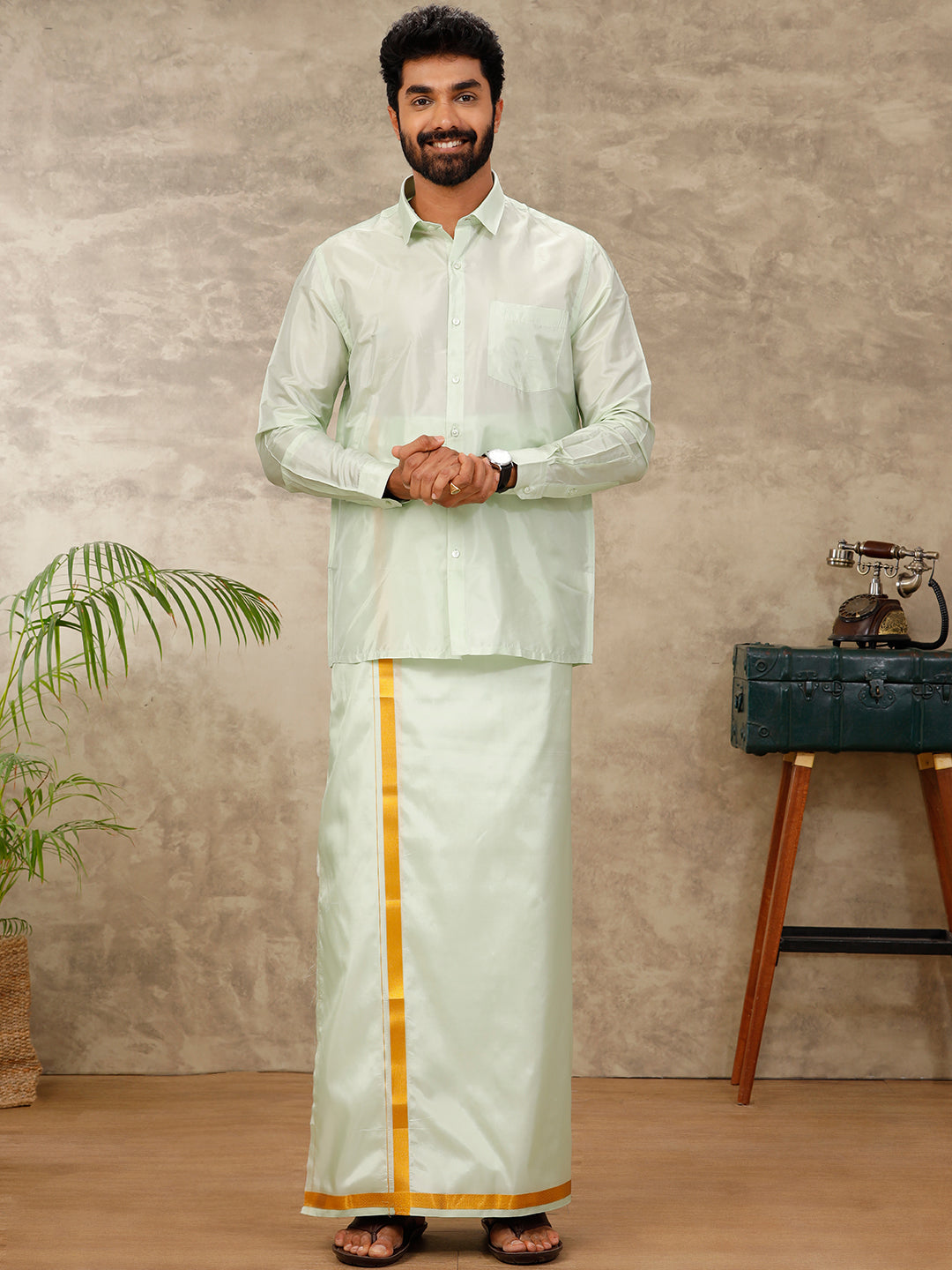 Men Art Silk Green Shirt & Dhoti Towel Set Swayamvara