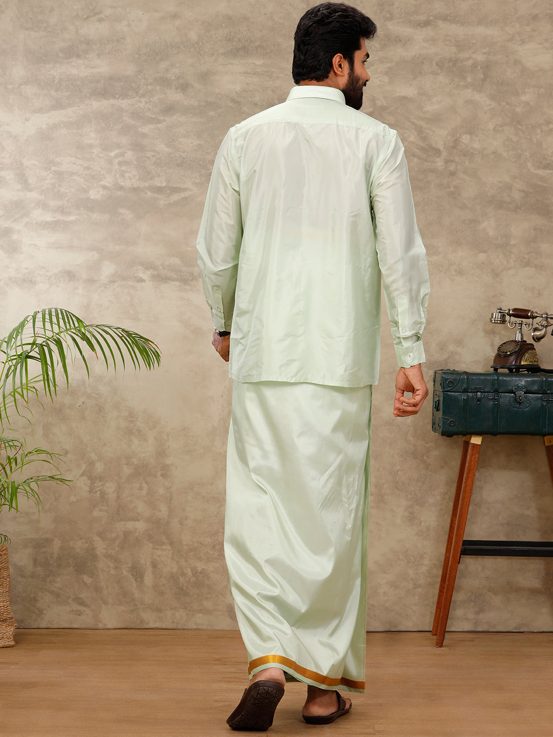 Mens Art Silk Green Shirt & Dhoti Towel Set Swayamvara