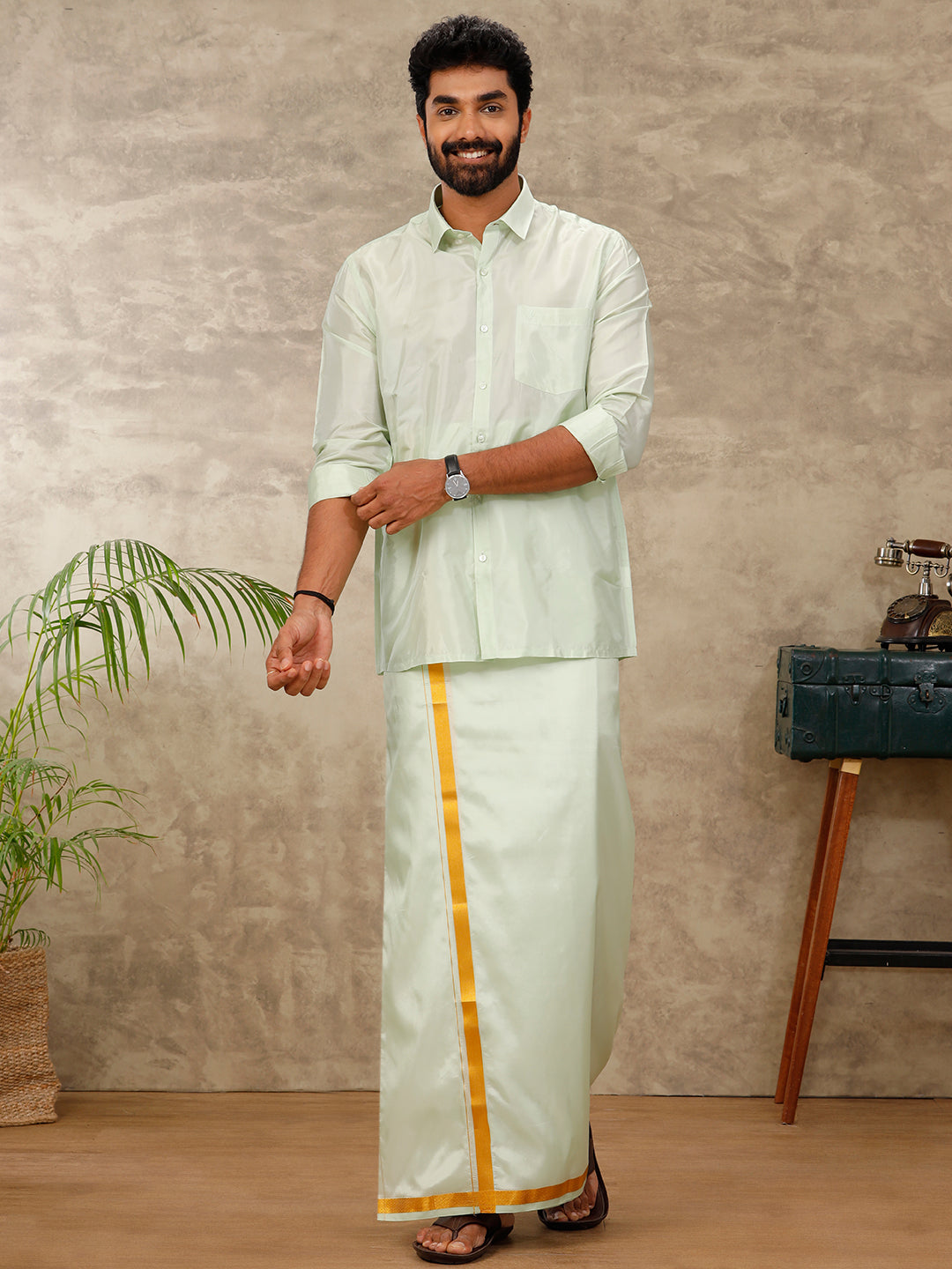 Mens Art Silk Green Shirt & Dhoti Towel Set Swayamvara