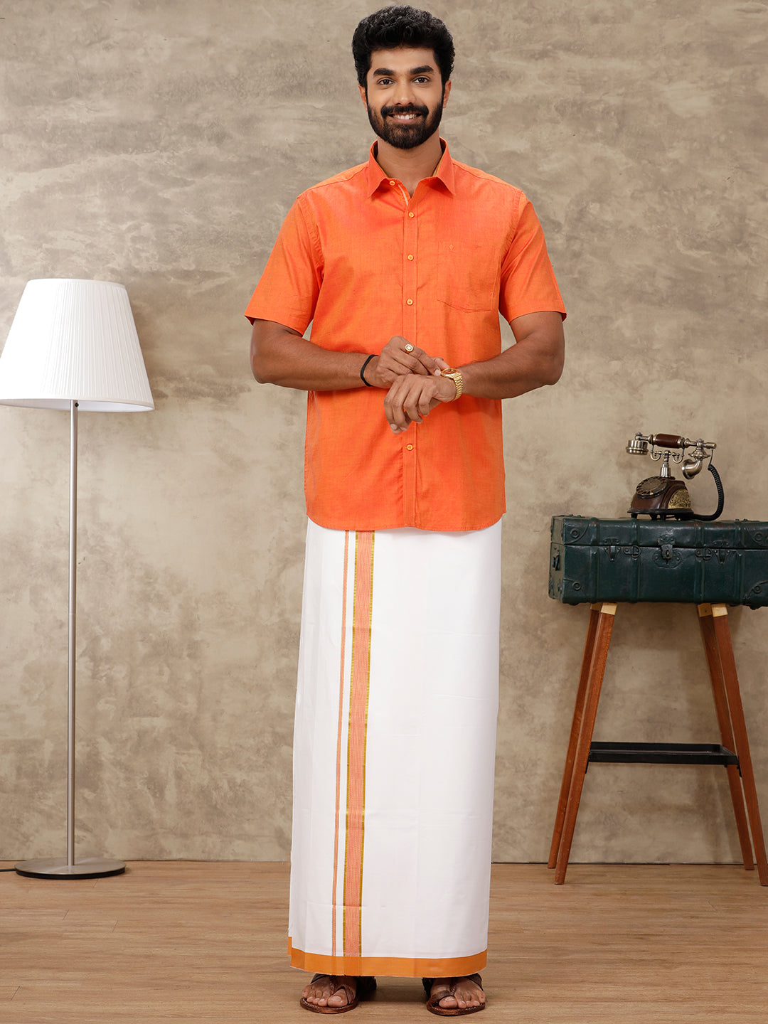 Men Matching Border Dhoti & Half Sleeves Shirt Orange Set GL1