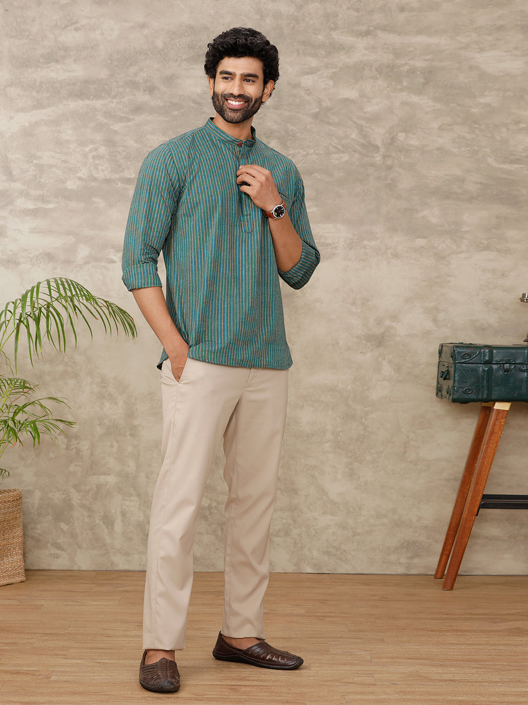 Men Short Length Pocket Kurta Greenish Blue RC13