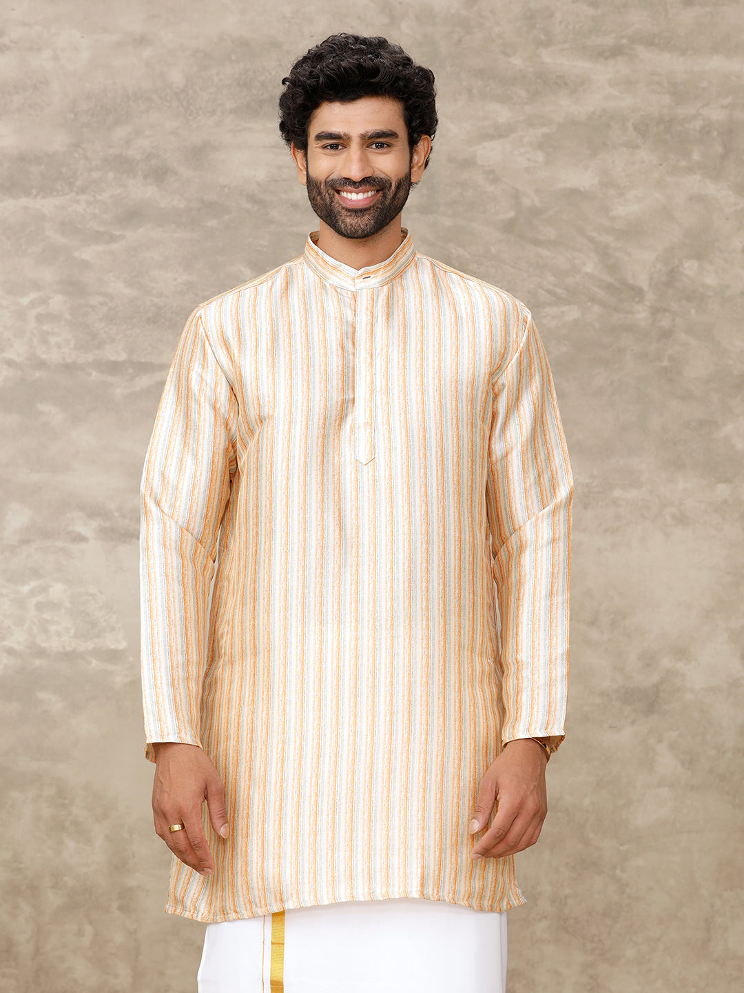 Men Medium Length Pocket Kurta Shiny Orange RE16