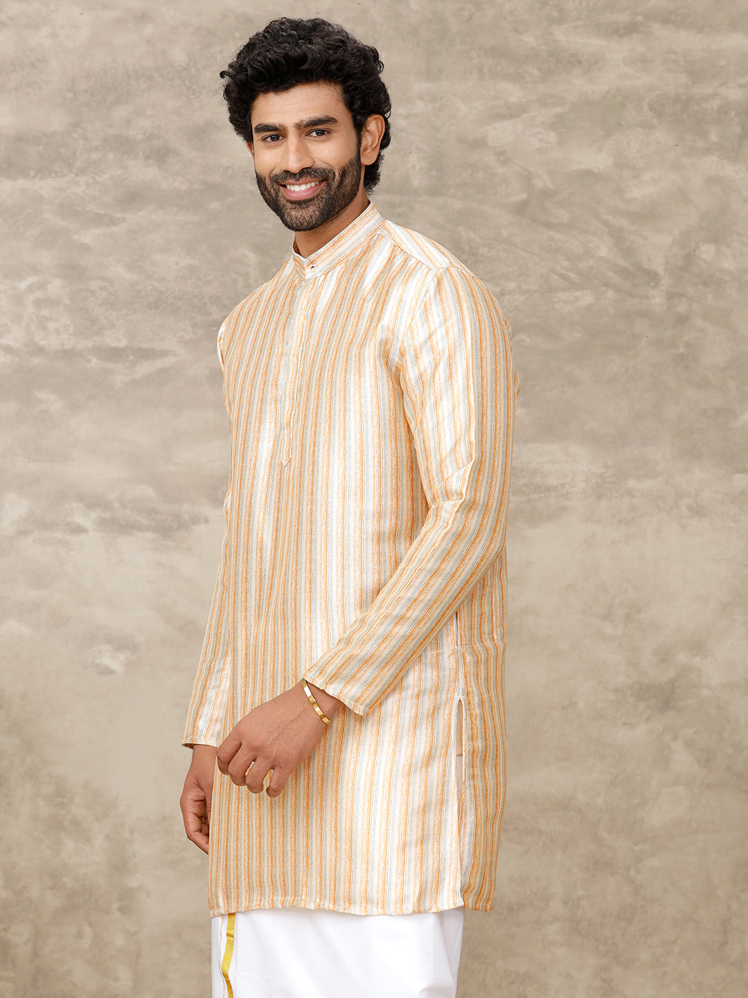 Men Medium Length Pocket Kurta Shiny Orange RE16