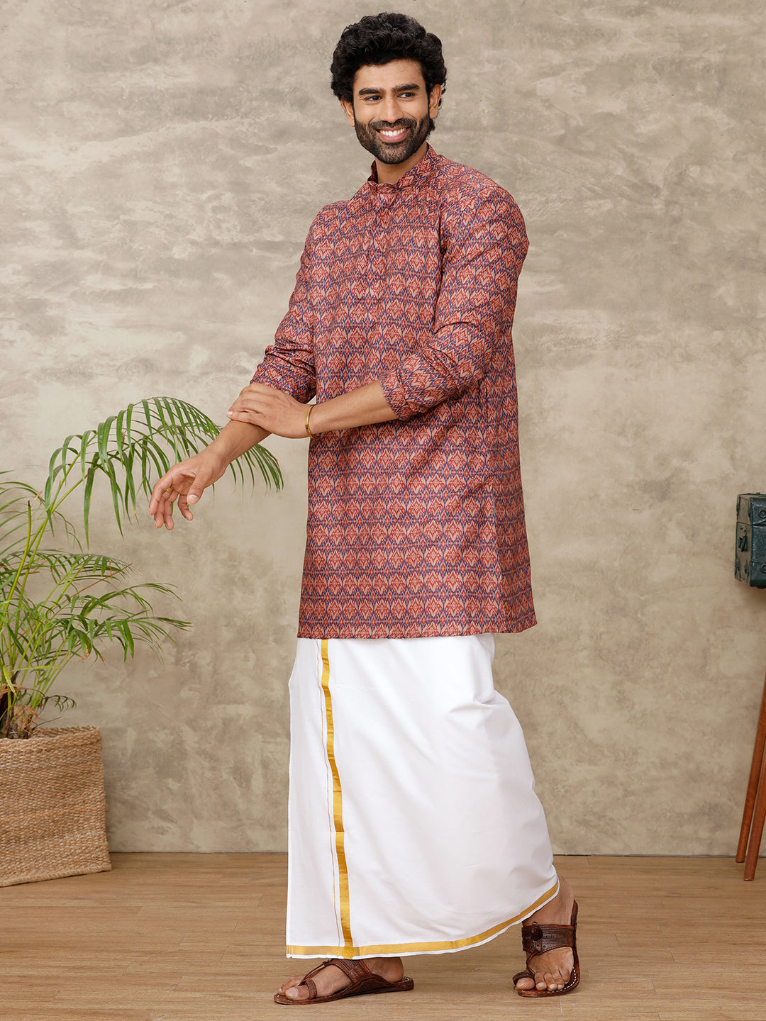 Men Medium Length Pocket Kurta Brown RE13