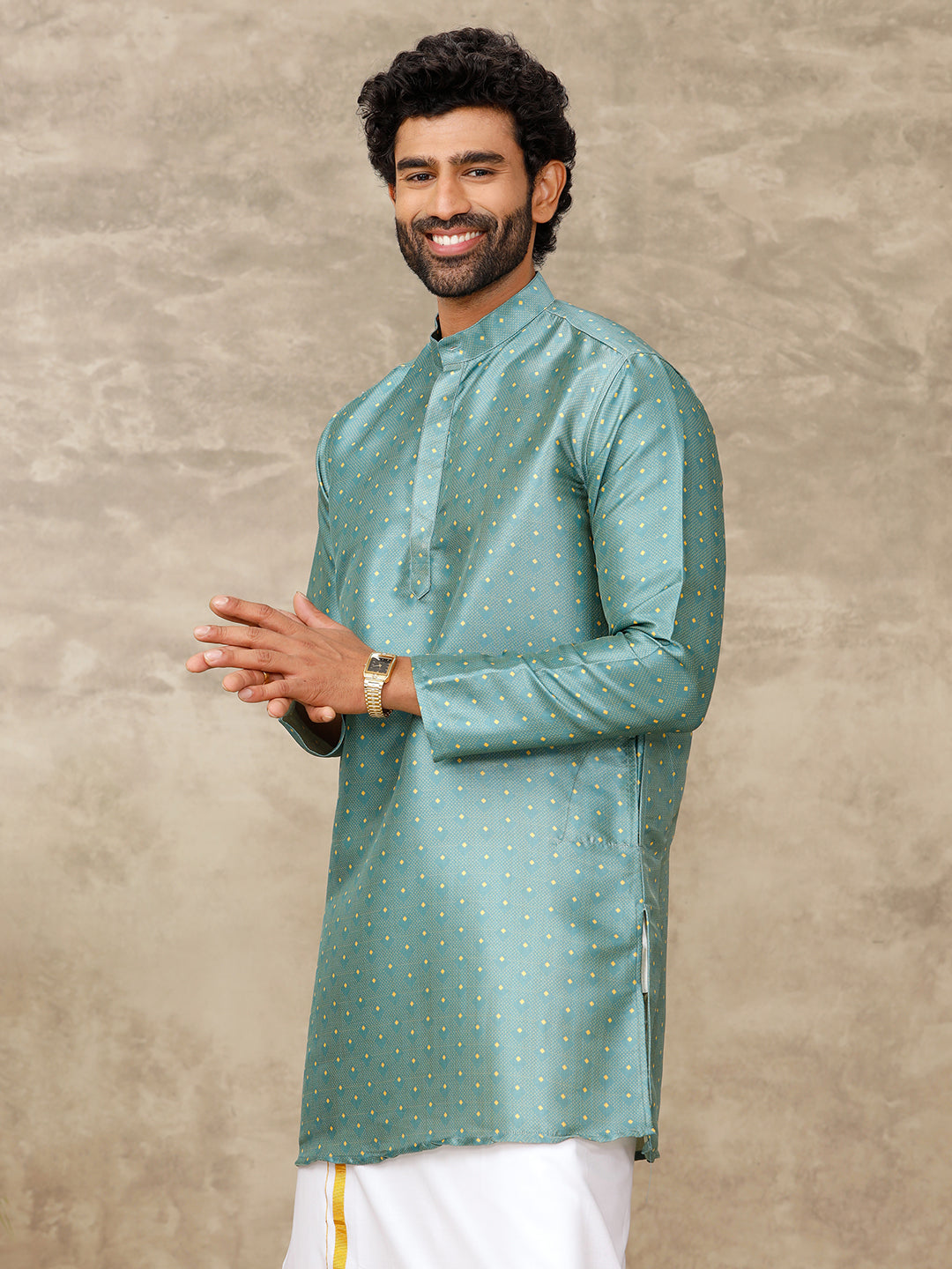 Men Medium Length Pocket Kurta Shiny Yellow Green RE19