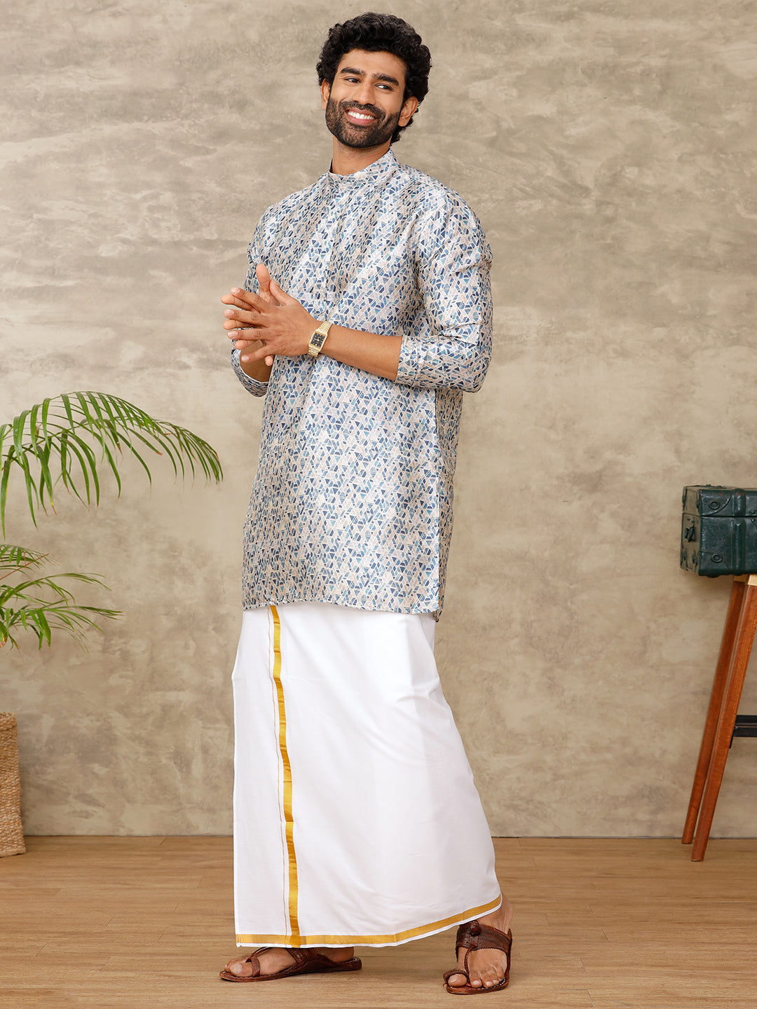 Men Medium Length Pocket Kurta Sandal Blue RE18