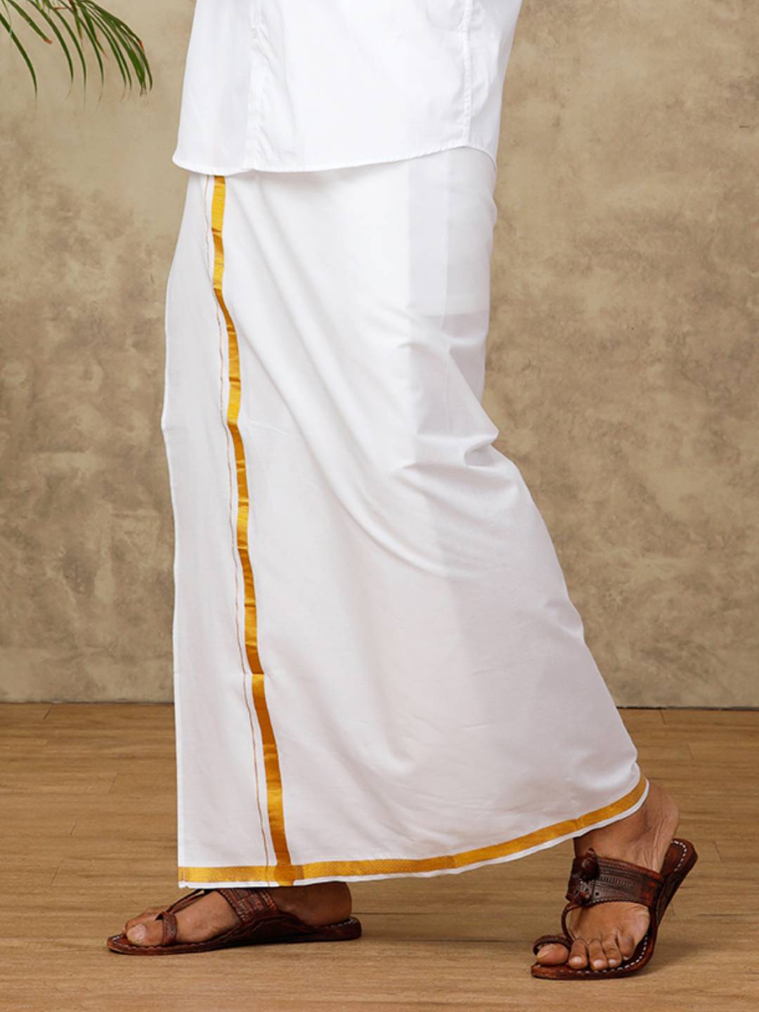 Men Cotton Blend Single Layer White Dhoti with 1" inch Gold Jari Border Jupiter