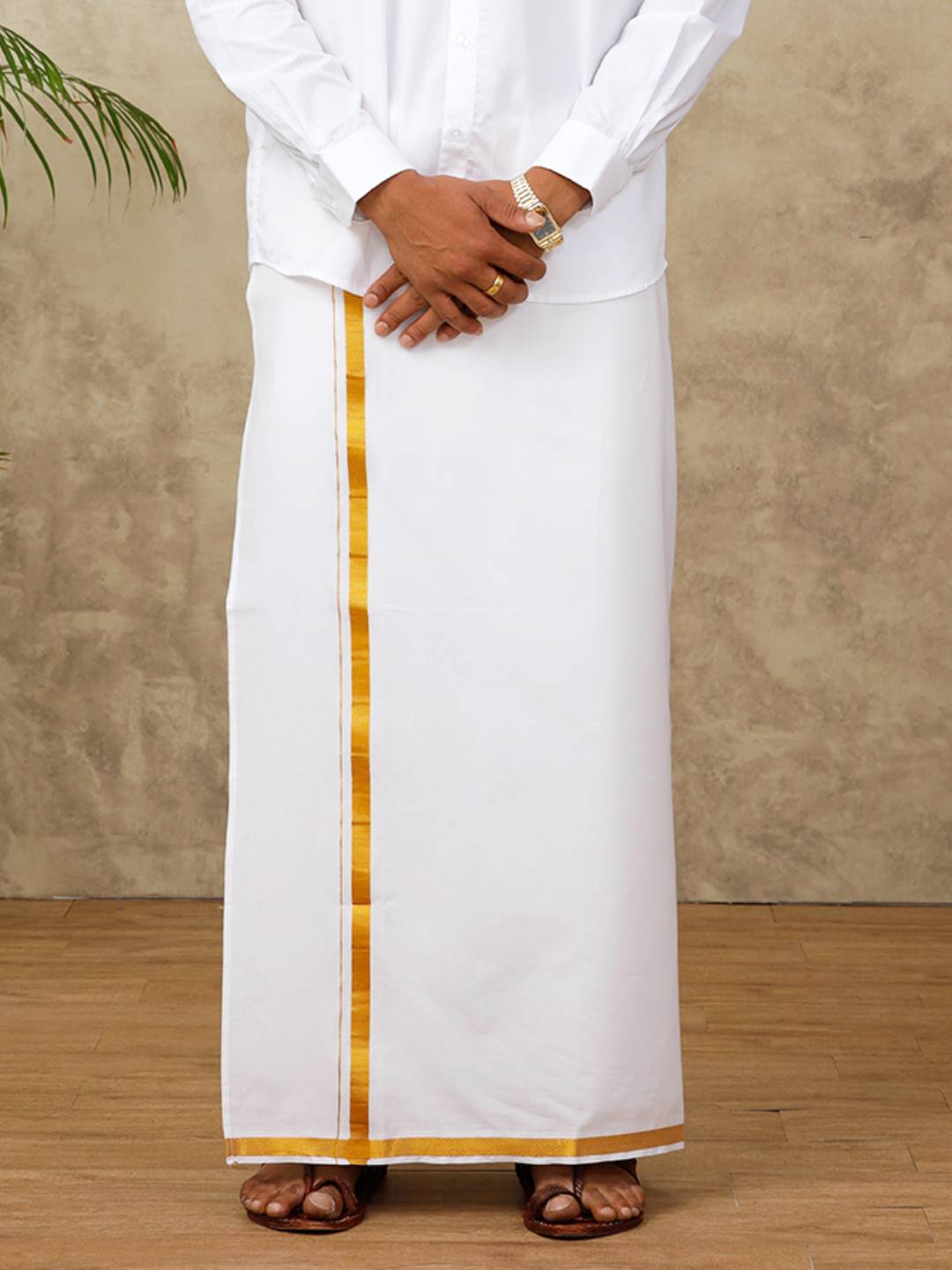 Men Cotton Blend Single Layer White Dhoti with 1" inch Gold Jari Border Jupiter
